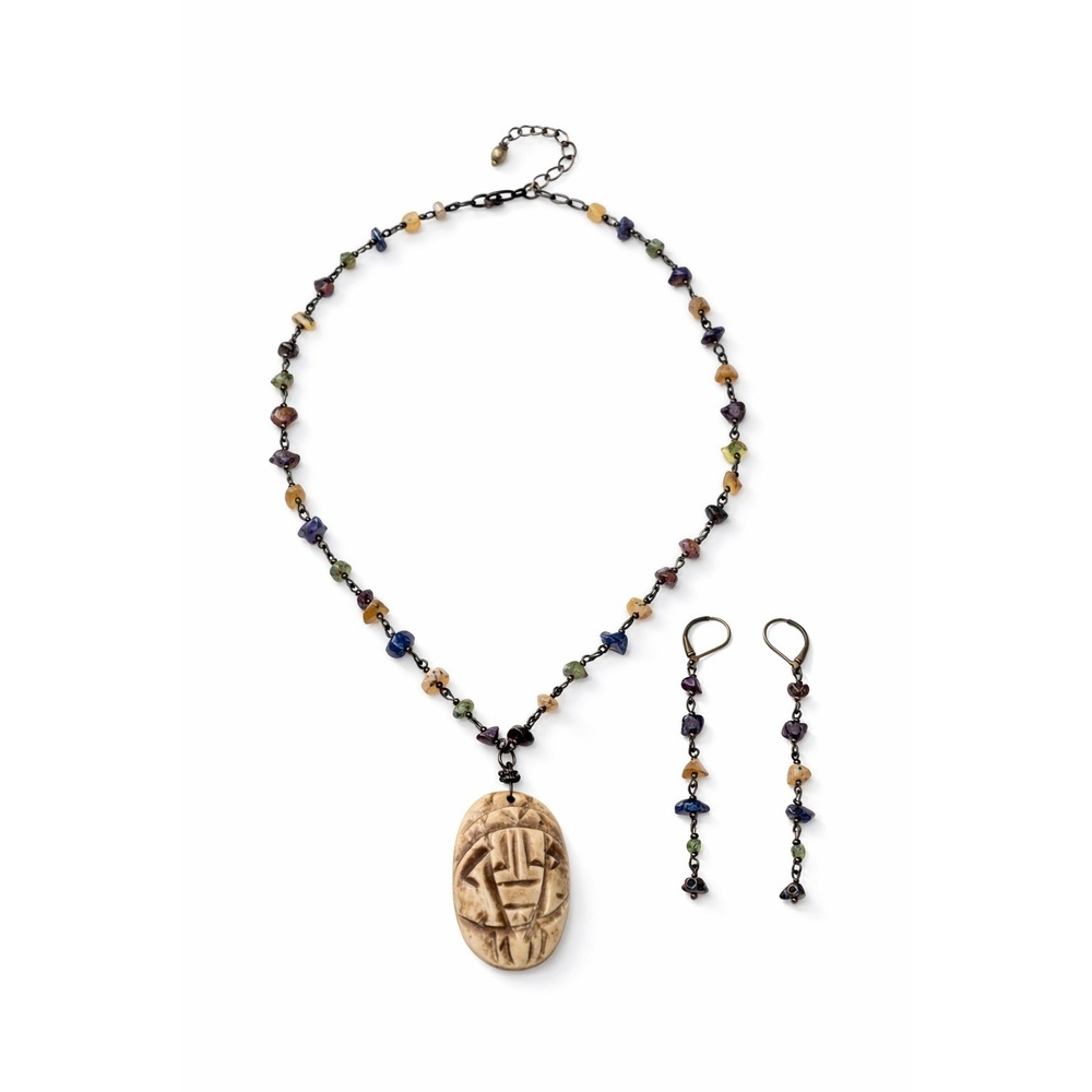 Boho Tribal‎ Carved Mask Pendant Necklace and Gemstone Chip Earring Set Bronze